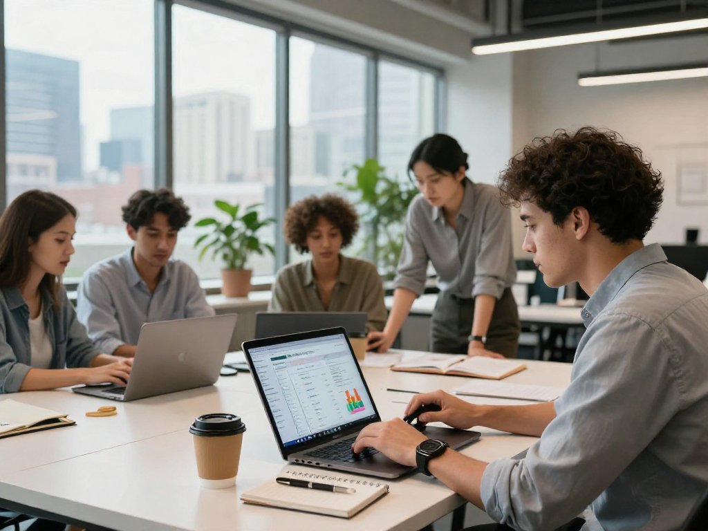 Engaged professionals collaborating in a modern digital banking setting, exploring innovative debet solutions.