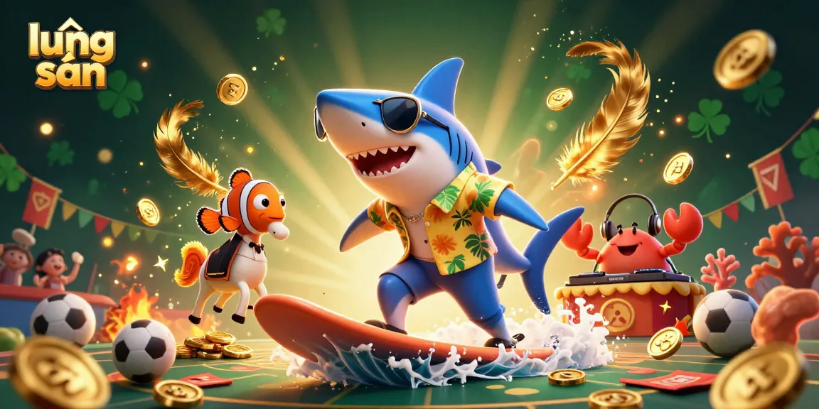 Engage with lương sơn in an exciting 3D scene of a shark surfing on gold coins surrounded by sports betting elements.