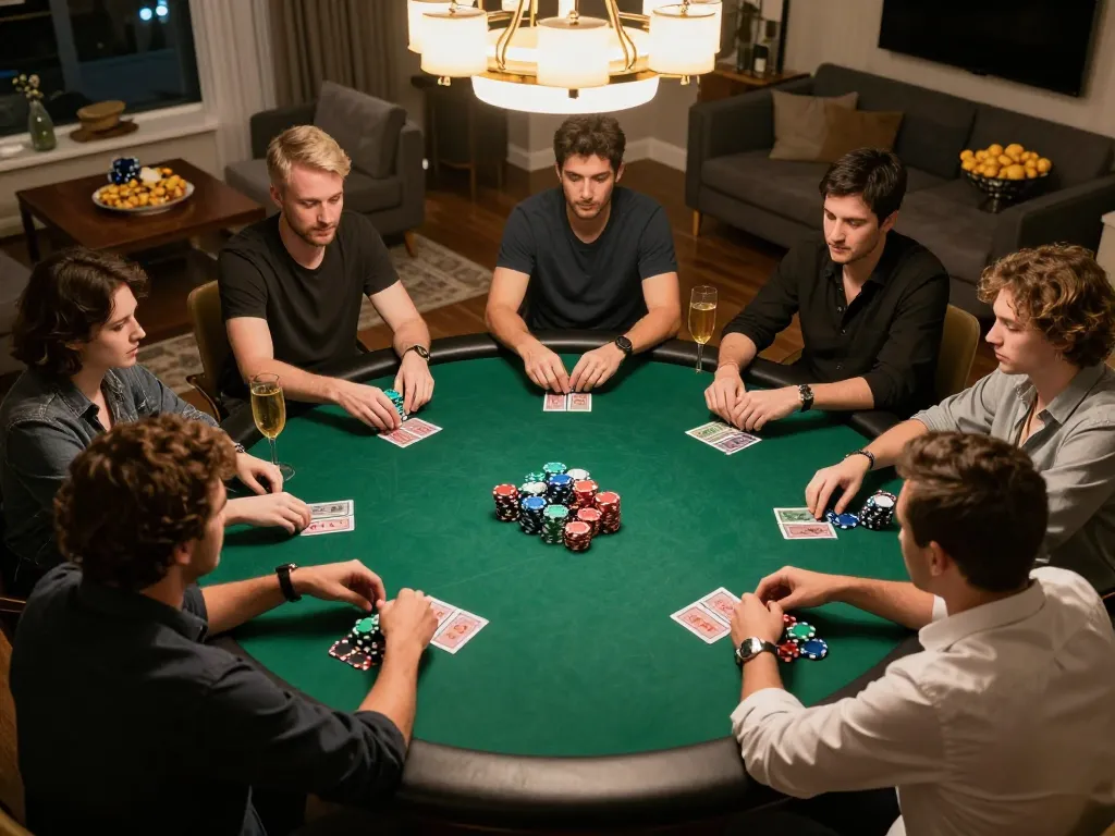 MB66 players engaged in a competitive poker game in a cozy home setting, showcasing strategy and excitement.