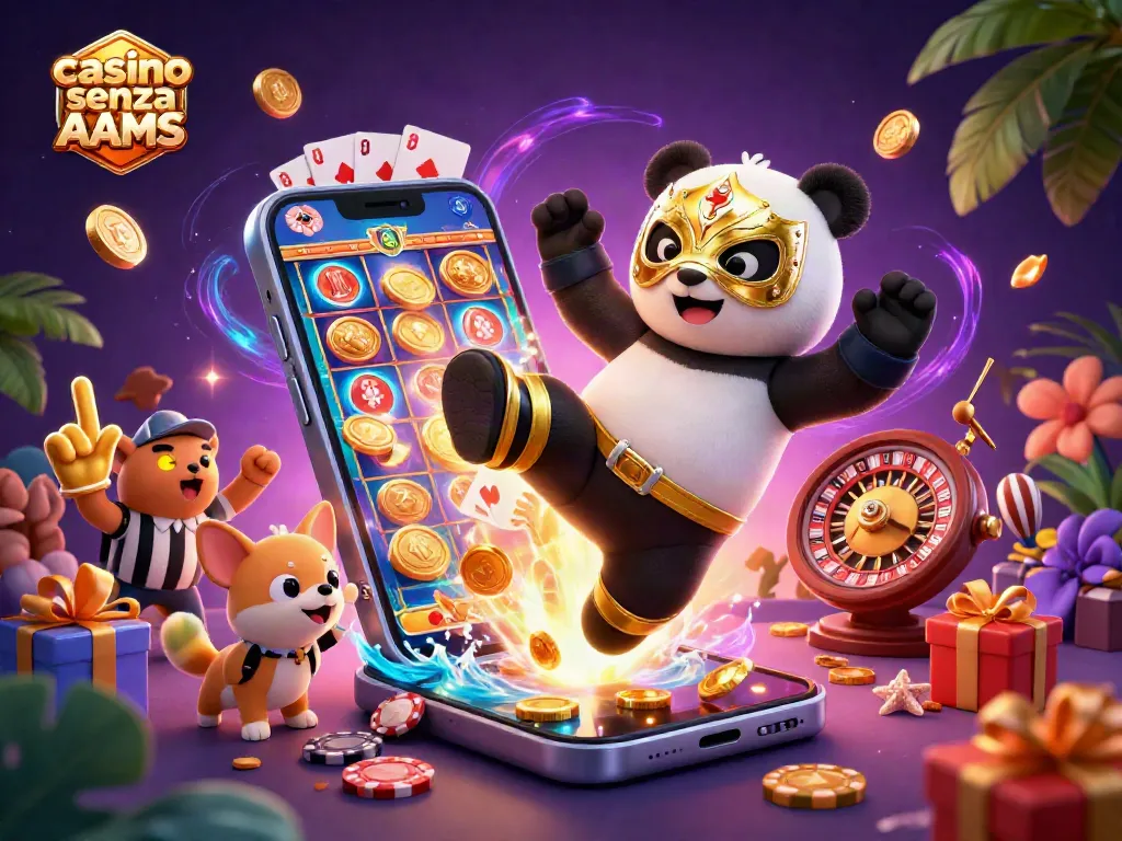 Scopri il miglior intrattenimento nei casinò senza AAMS con un panda lottatore e animali festosi.