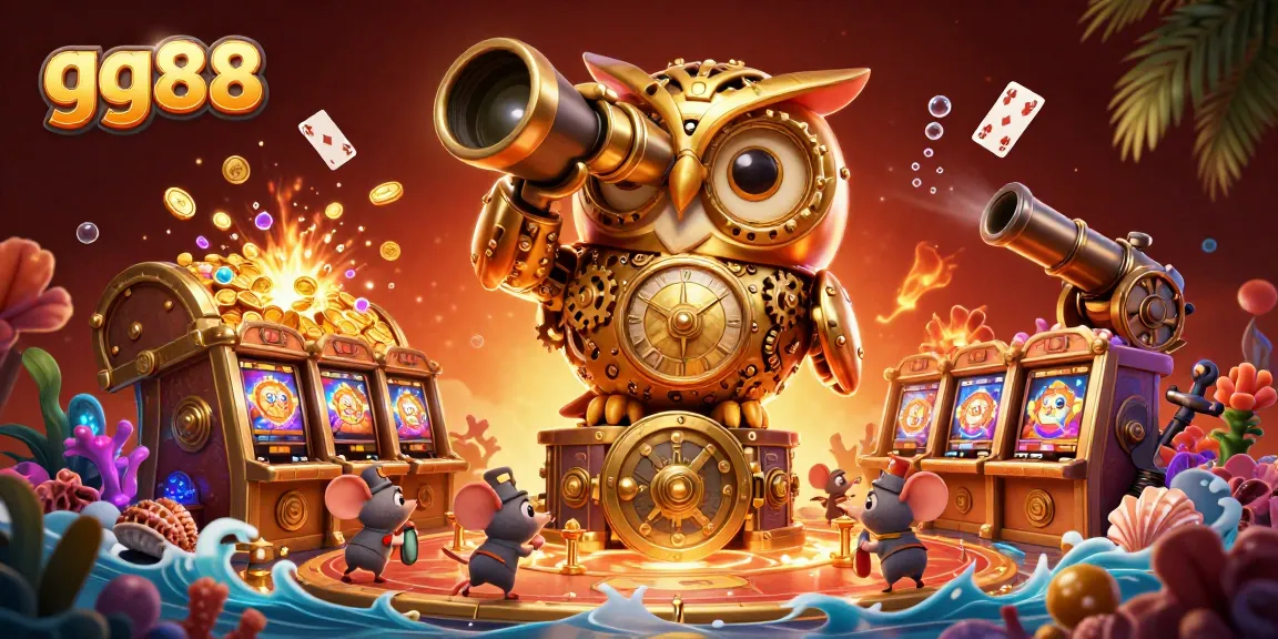 Experience thrilling action at gg88's vibrant casino with a golden owl overseeing the fun.