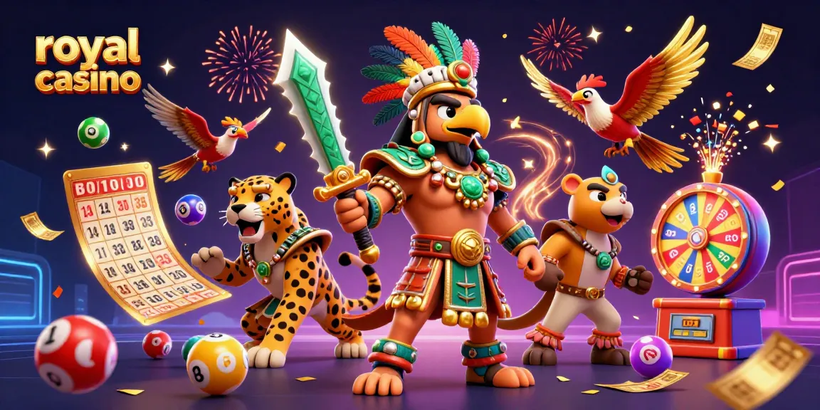 Experience thrilling wins at royal casino with vibrant lottery elements, colorful celebrations, and energetic characters.