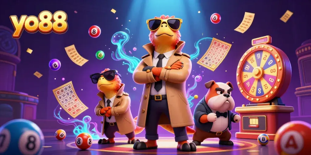 Engage in exciting gaming at yo88 with colorful lottery elements and cartoon characters in a vibrant casino setting.