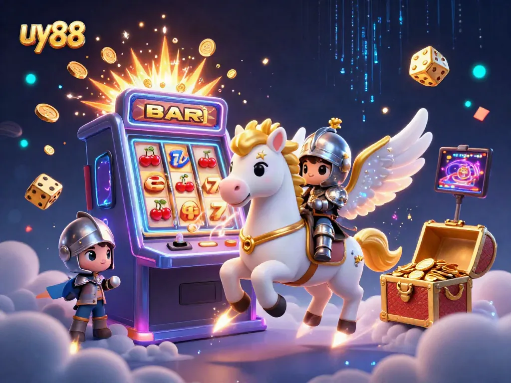 Experience the thrill of uy88 with a dazzling 3D illustration of a celestial horse and vibrant slot elements.