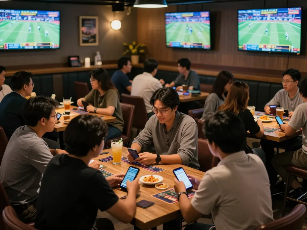 Kèo nhà cái hôm nay showcased with enthusiastic sports fans engaging in betting strategies in a lively sports bar.