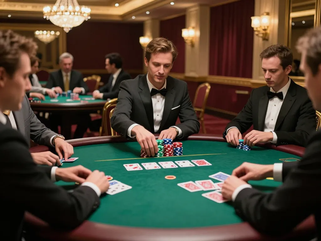 LC88 players engaged in strategic poker betting at a luxurious casino.