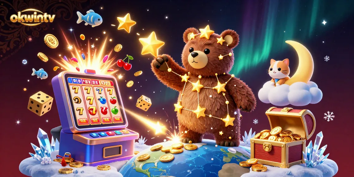 Witness the enchanting okwintv scene of a cosmic bear and casino elements exploding with luck.