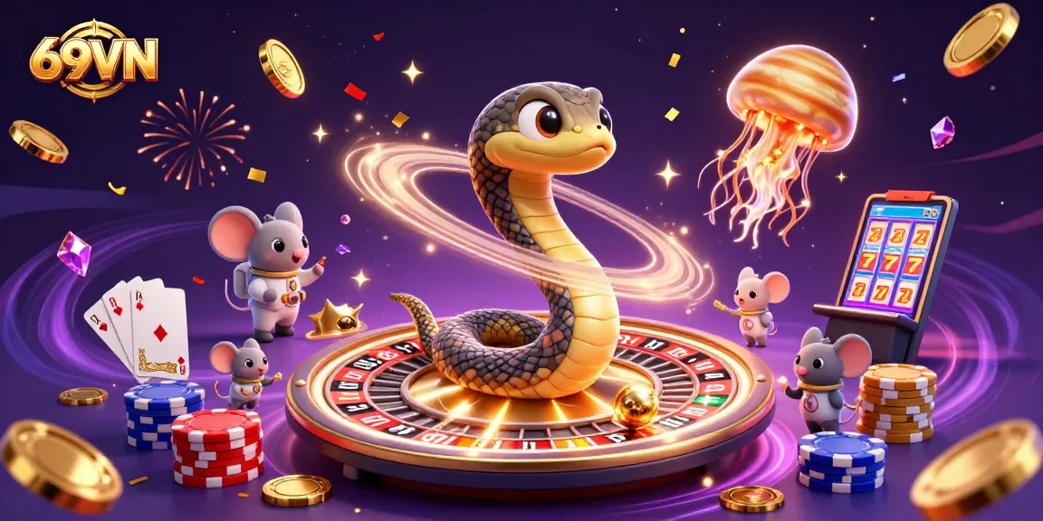 Experience thrilling gaming at 69VN with cartoon characters betting amid colorful casino elements.