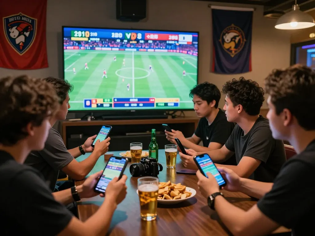 Friends excitedly betting on VN88 during a live sports event in a modern lounge.