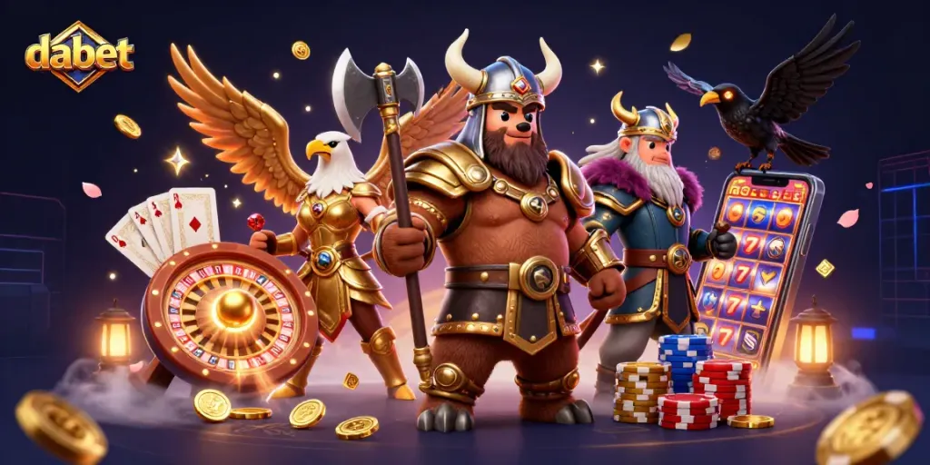 Dabet casino action scene featuring a Viking bear and Valkyrie eagle amid winning spins and golden coins.