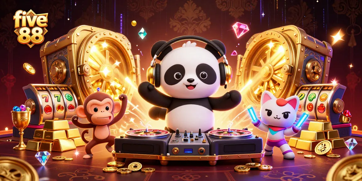 Experience the thrill at five 88 with vibrant casino characters, golden treasures, and dynamic game elements.