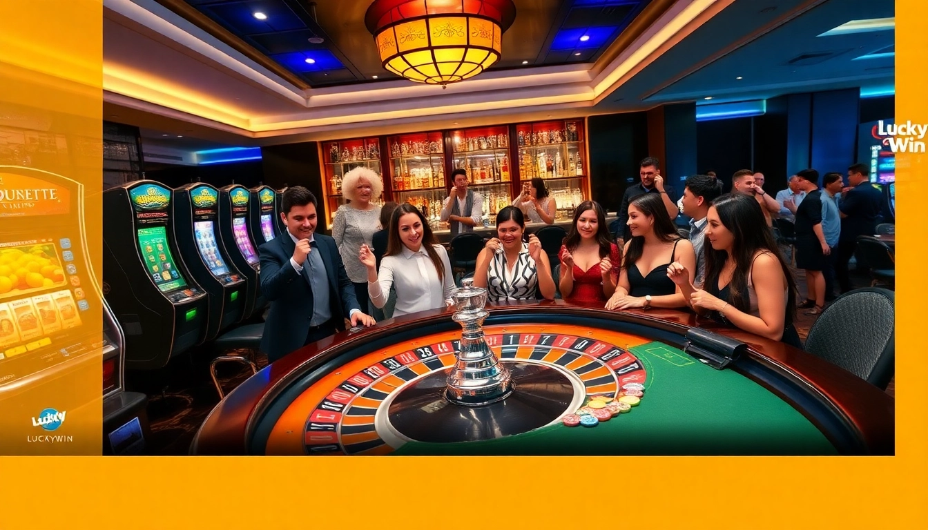 Gamblers experience luxury and excitement at LuckyWin casino with vibrant roulette and slot machines.