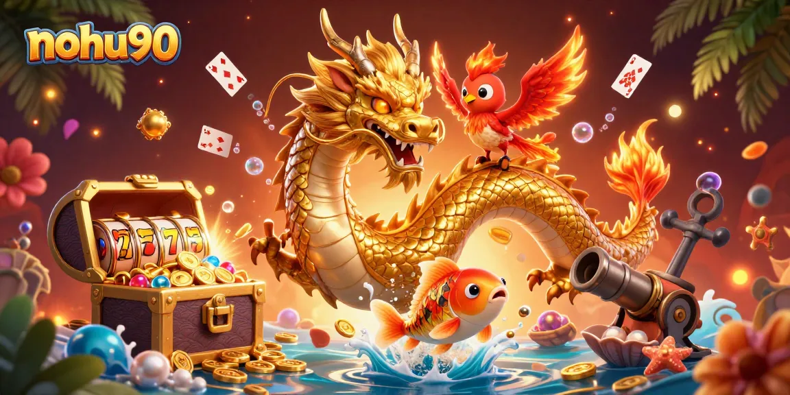 Nohu90 offers thrilling jackpot slots, featuring a golden dragon and soaring phoenix, enriched with vibrant gaming elements.