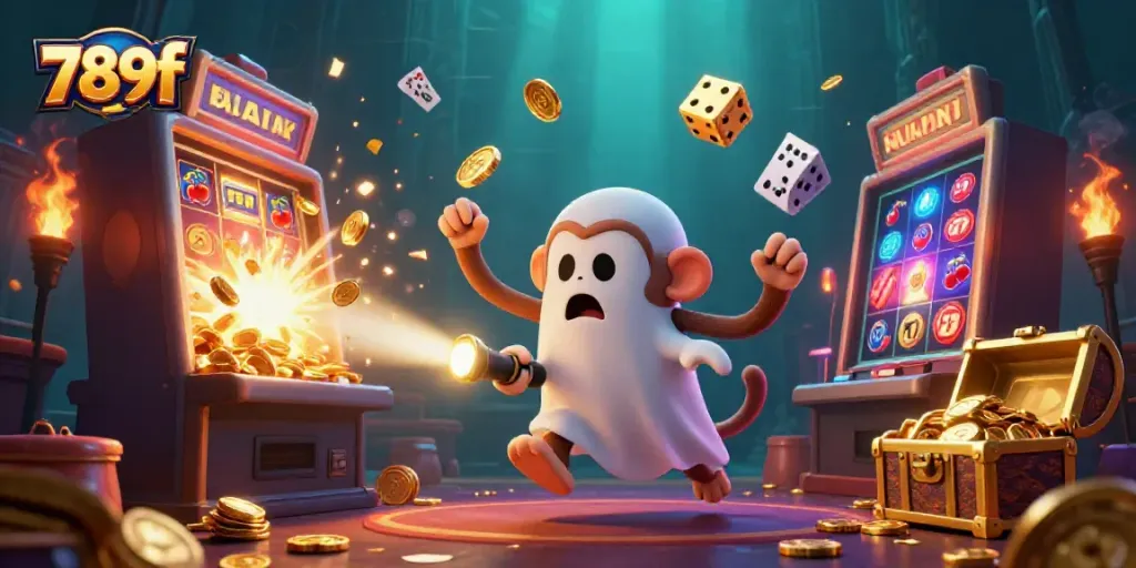 Experience thrilling gameplay with 789f's haunted casino featuring playful poltergeist monkey juggling golden treasures.
