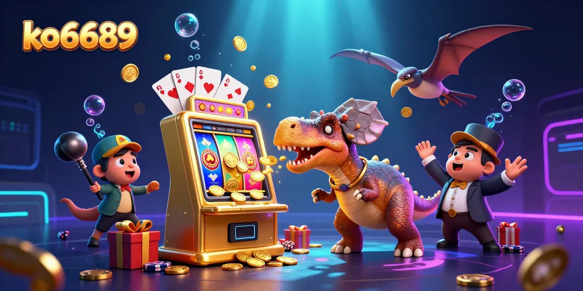 ko6689 slots illustration showing vibrant gameplay, jackpot coins bursting from a golden machine