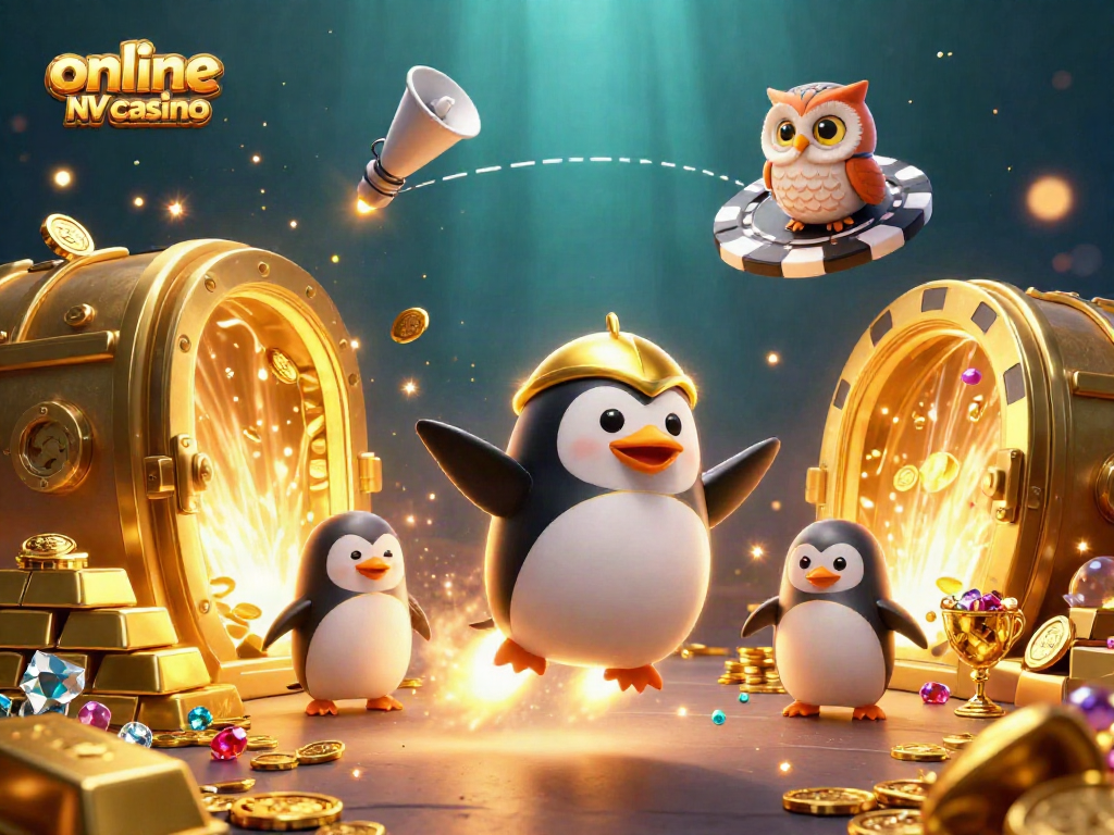 Experience the thrill of online NV casino gaming with a vibrant, dynamic 3D illustration showcasing a golden penguin in a cosmic casino adventure.
