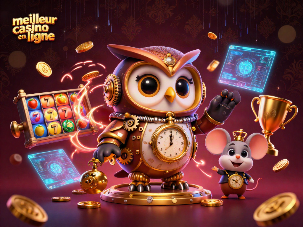 Illustration colorée sur le meilleur casino en ligne, incluant des machines à sous emblématiques et un hibou steampunk.