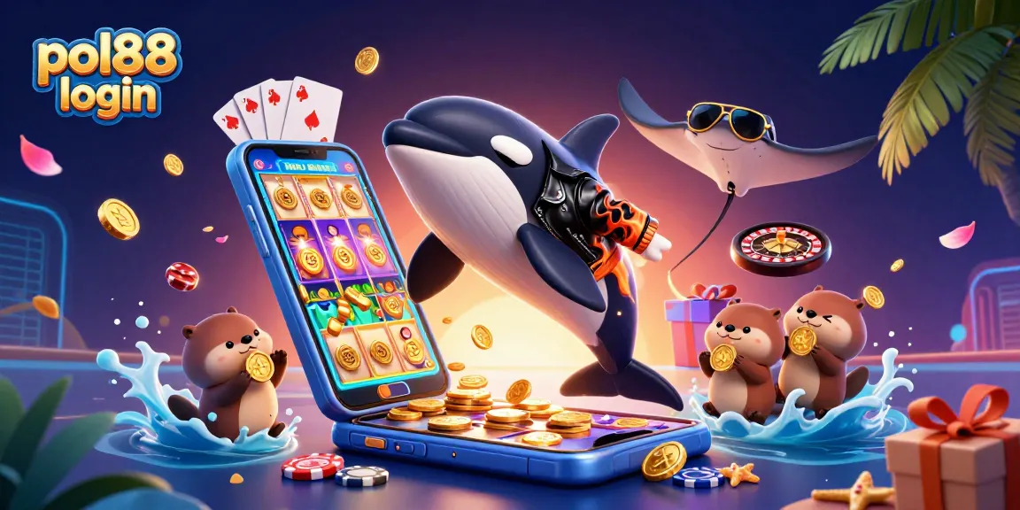 Animasi 3D menarik pol88 login dengan karakter orca, stingray, dan otter, semua terlibat dalam permainan kasino.