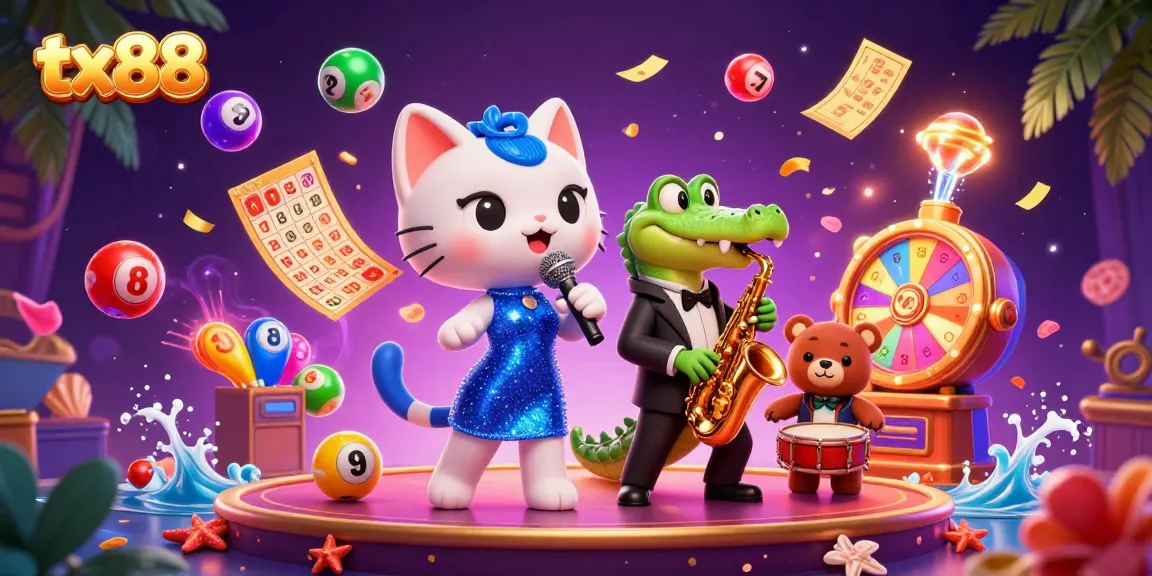 Experience the thrill of tx88 with vibrant casino elements and enchanting characters in a lively setting.
