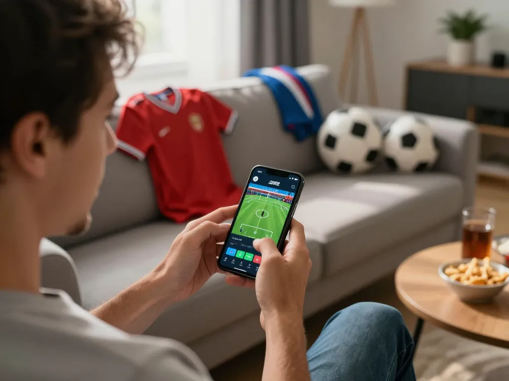 Excited sports fan checking kết quả bóng đá on a smartphone during live betting session at home.