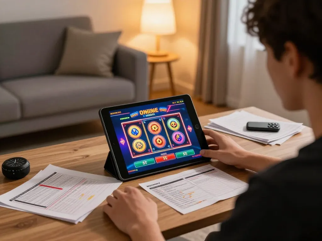 Engaging with the Trang chủ fly88 online casino setup featuring a colorful slot machine interface and strategic notes.