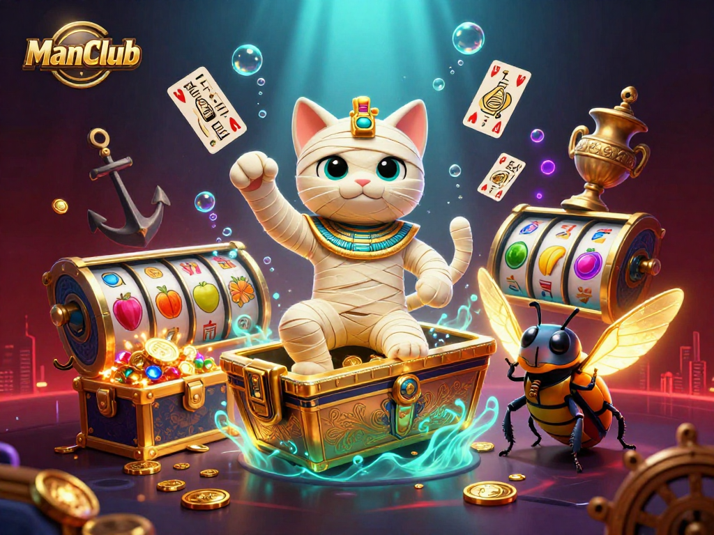 Join the excitement at ManClub with a thrilling 3D casino scene featuring a mummy cat and golden treasures.
