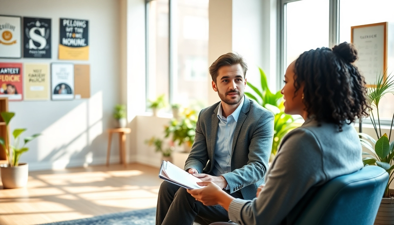 Career coaching session in a professional office setting highlighting personal interaction.