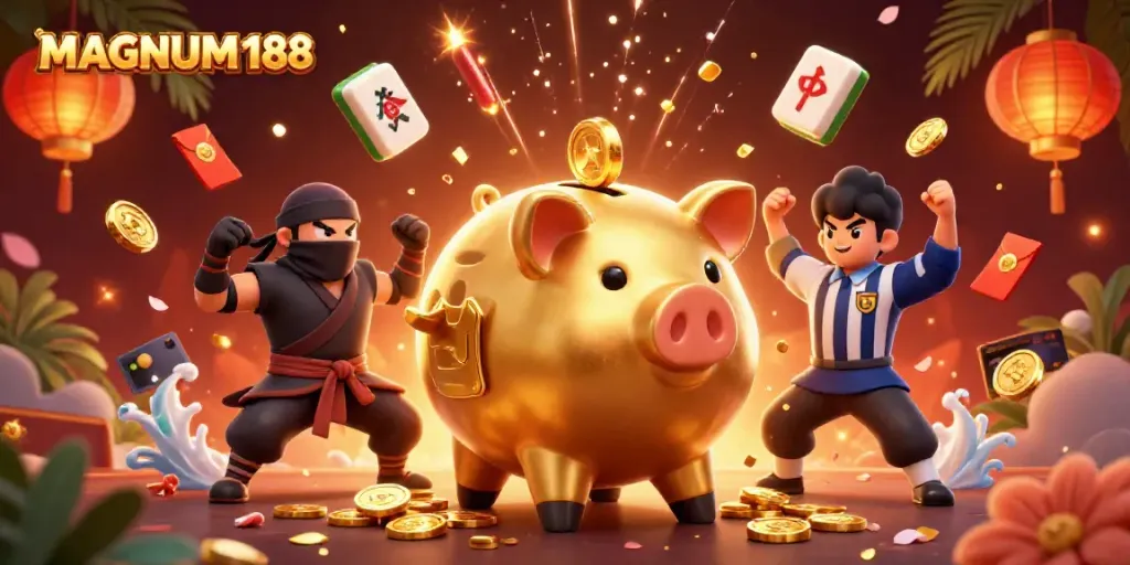 Experience excitement with MAGNUM188 in this dynamic illustration showcasing lively casino elements.