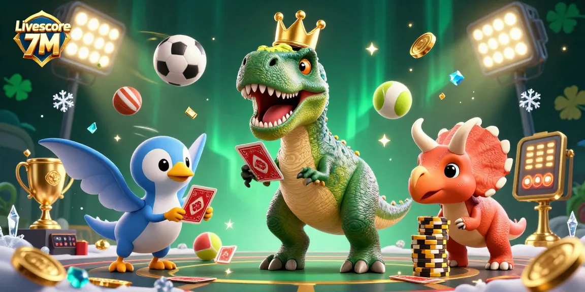 Livescore 7M showcases a fun 3D illustration with a T-Rex shuffling cards and a pterodactyl assisting in a vibrant casino setting.