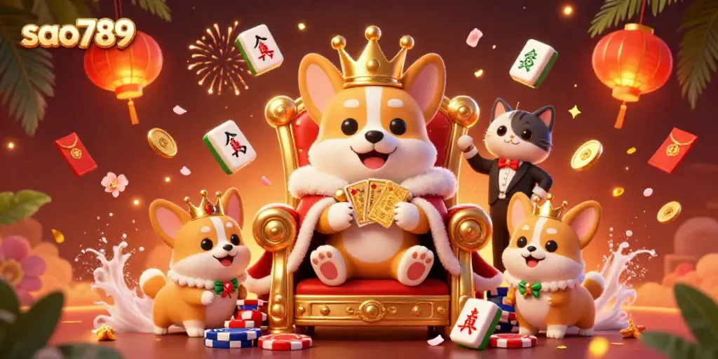 Experience the vibrant thrill of sao789 with royal corgis and dynamic casino elements.
