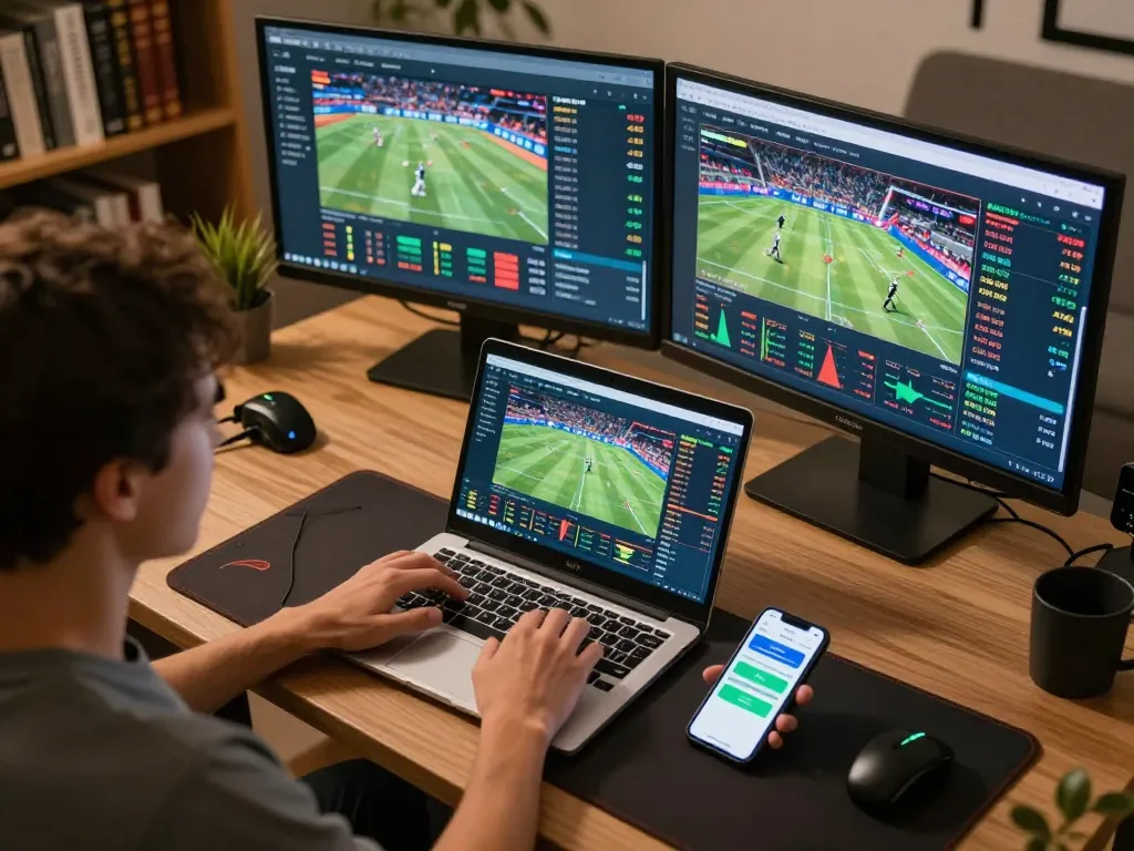 Tỷ lệ kèo nhà cái being analyzed on multiple screens during a strategic sports betting session at home.