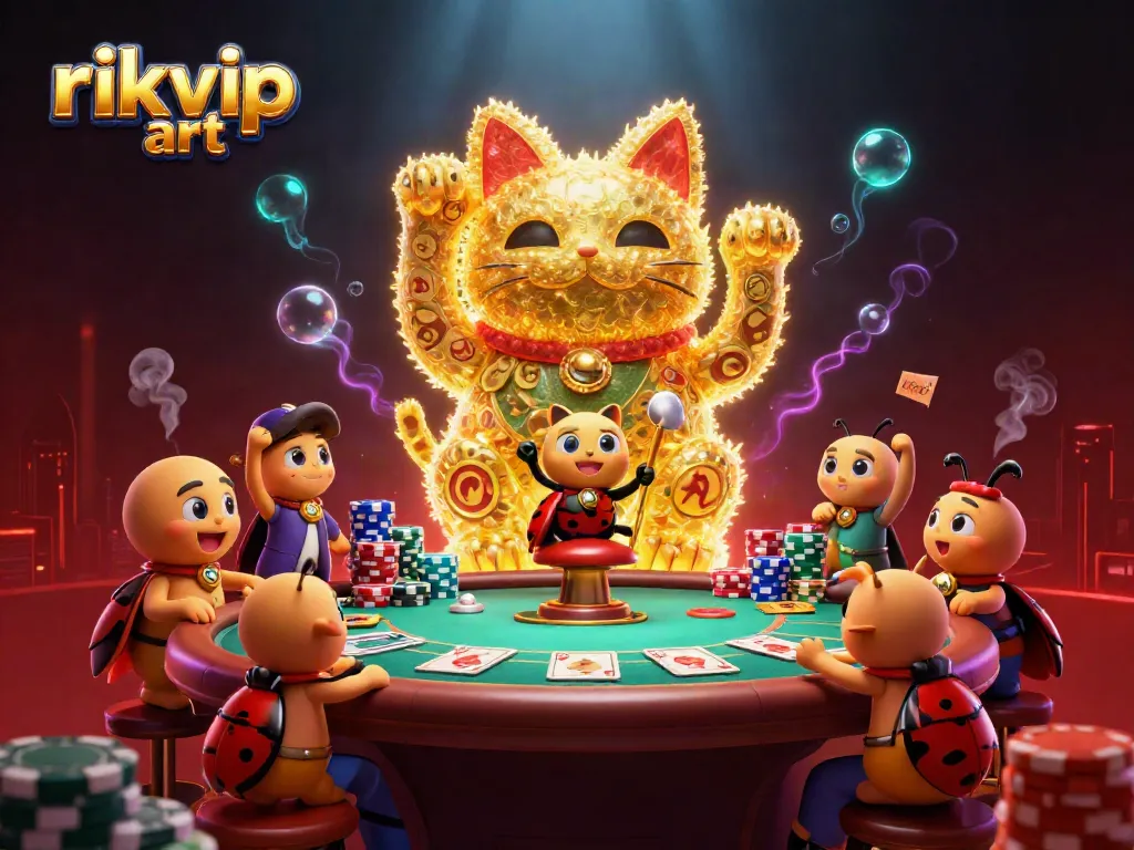 Experience vibrant rikvip art through an engaging illustration featuring golden fireflies and lively casino elements.