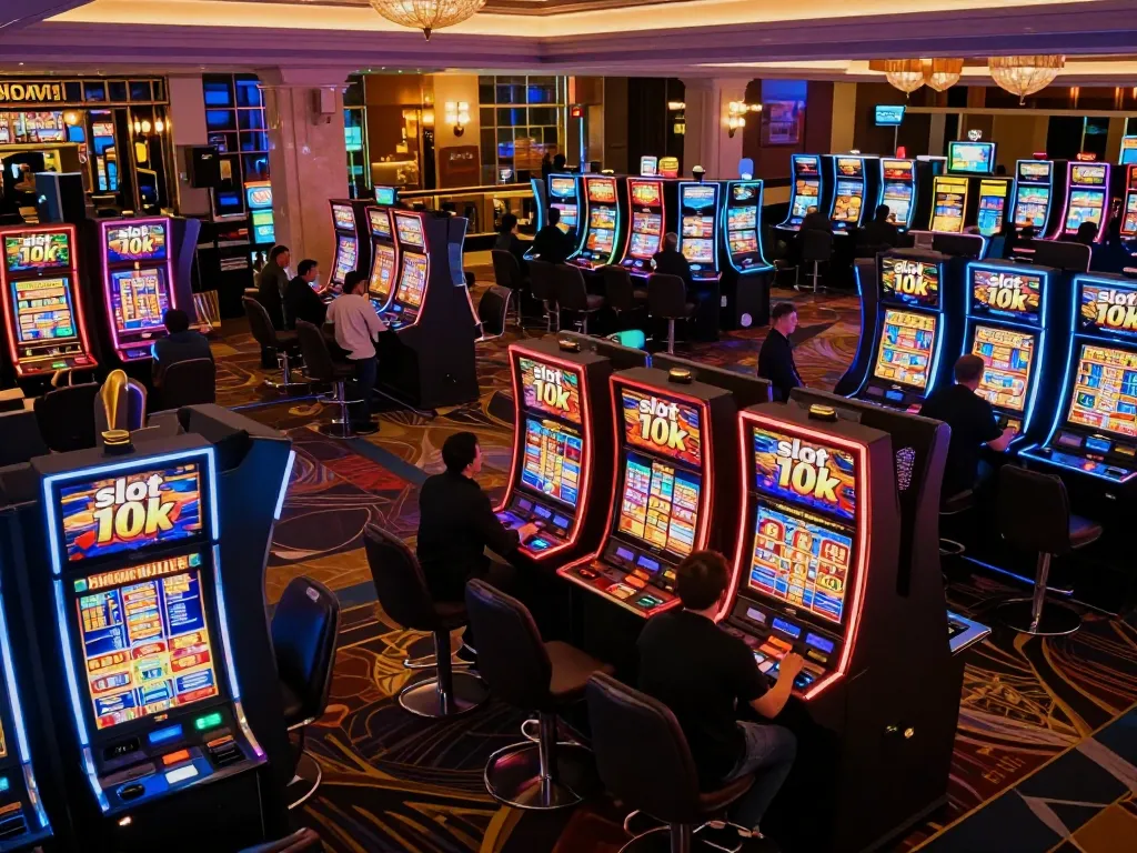 Experience the excitement of winning at slot 10k machines in a lively casino atmosphere with colorful lights and engaged players.