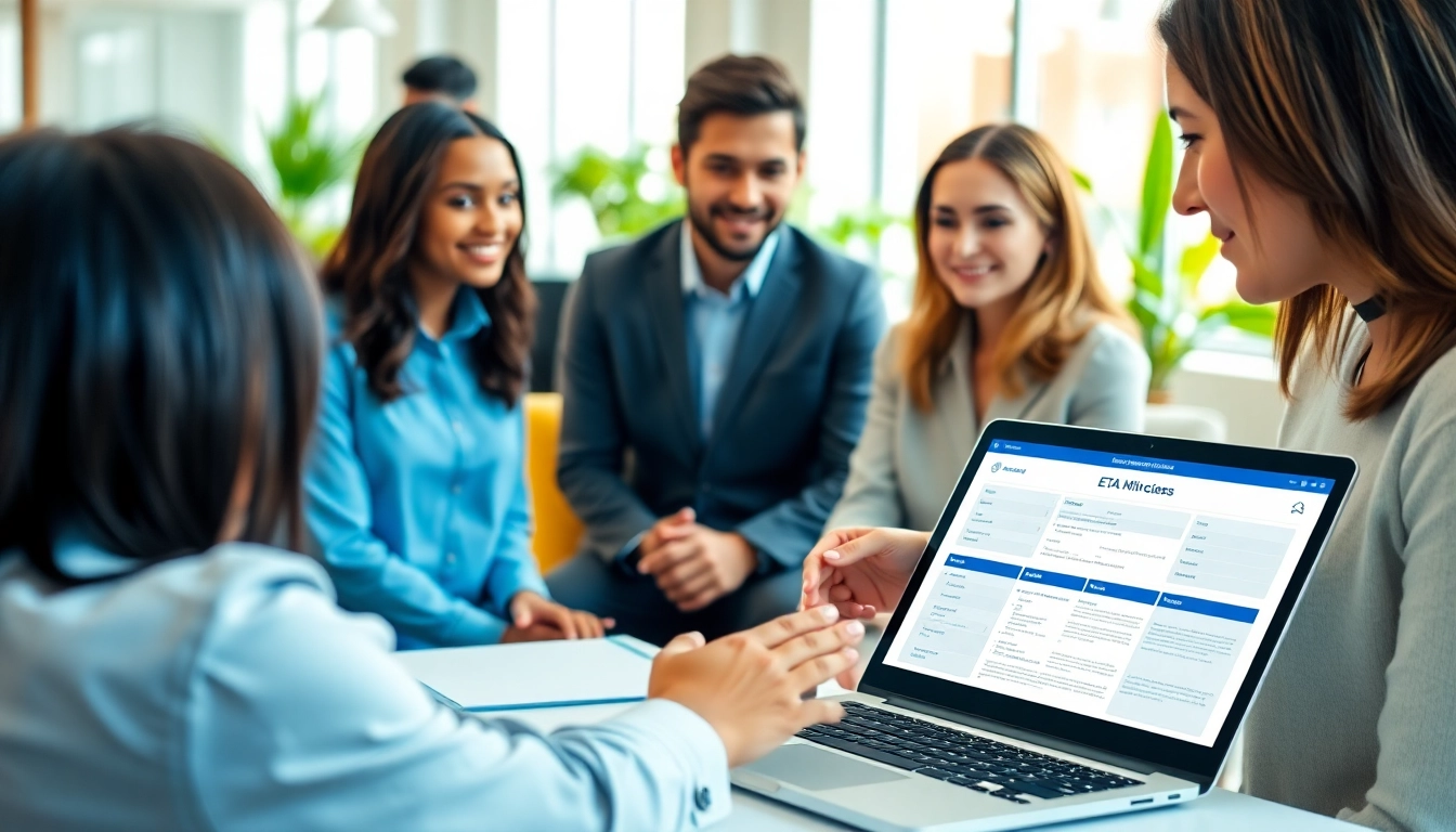 Consultant assists clients during the eta application uk in a professional office setting.