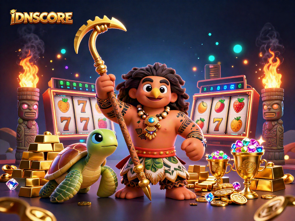 Experience the vibrant IDNSCORE casino scene with a golden jackpot and lively characters.