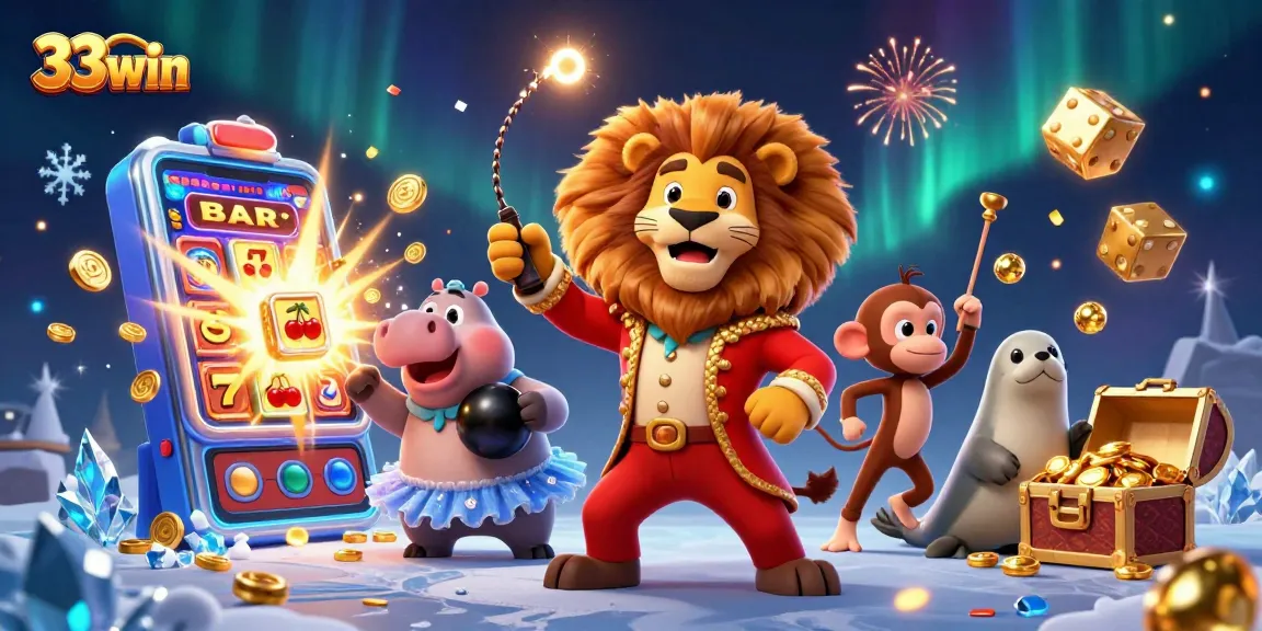 33win jackpot celebration with a lively circus scene, featuring dynamic casino characters.