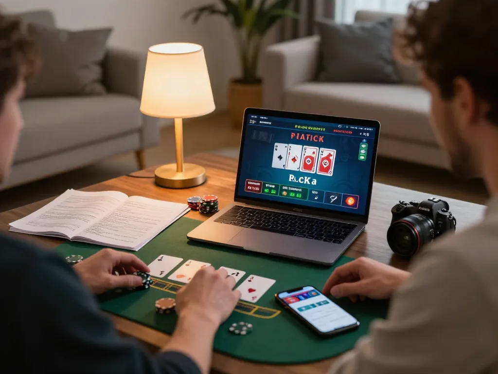 Gamer engaged in online blackjack on a laptop at home, showcasing sc88 gaming strategy notes and a smartphone app.