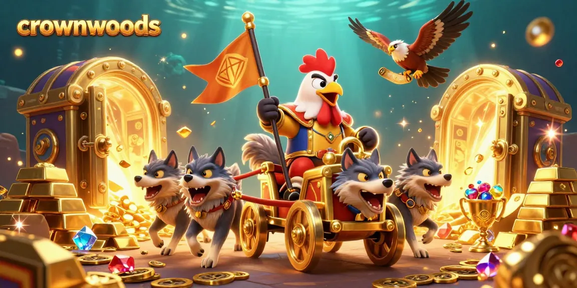 Crownwoods showcases a vibrant 3D scene with a rooster warlord leading a golden treasure hunt in a casino setting.