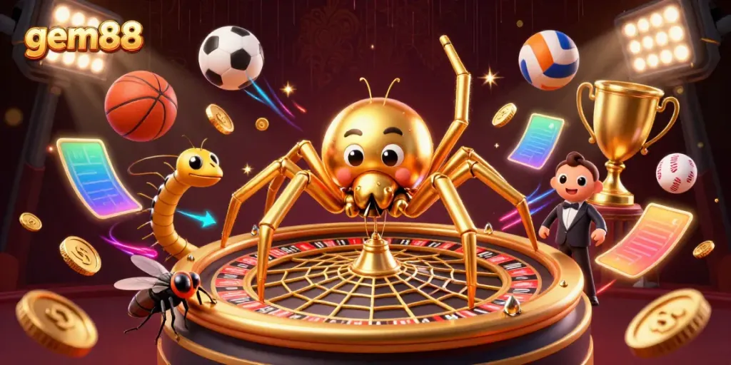 Experience the thrill of gem88 with a dynamic scene of a golden spider creating a roulette wheel, enhanced by sports elements.