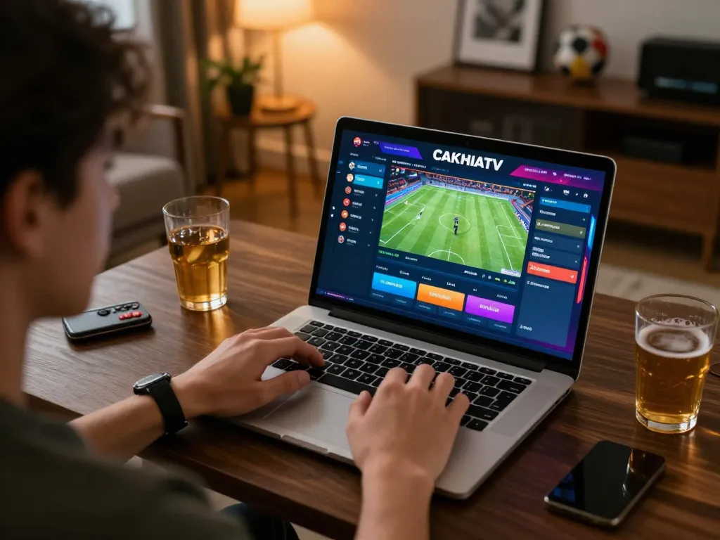 Engaged player exploring CAKHIATV for live soccer betting in a comfortable home setting