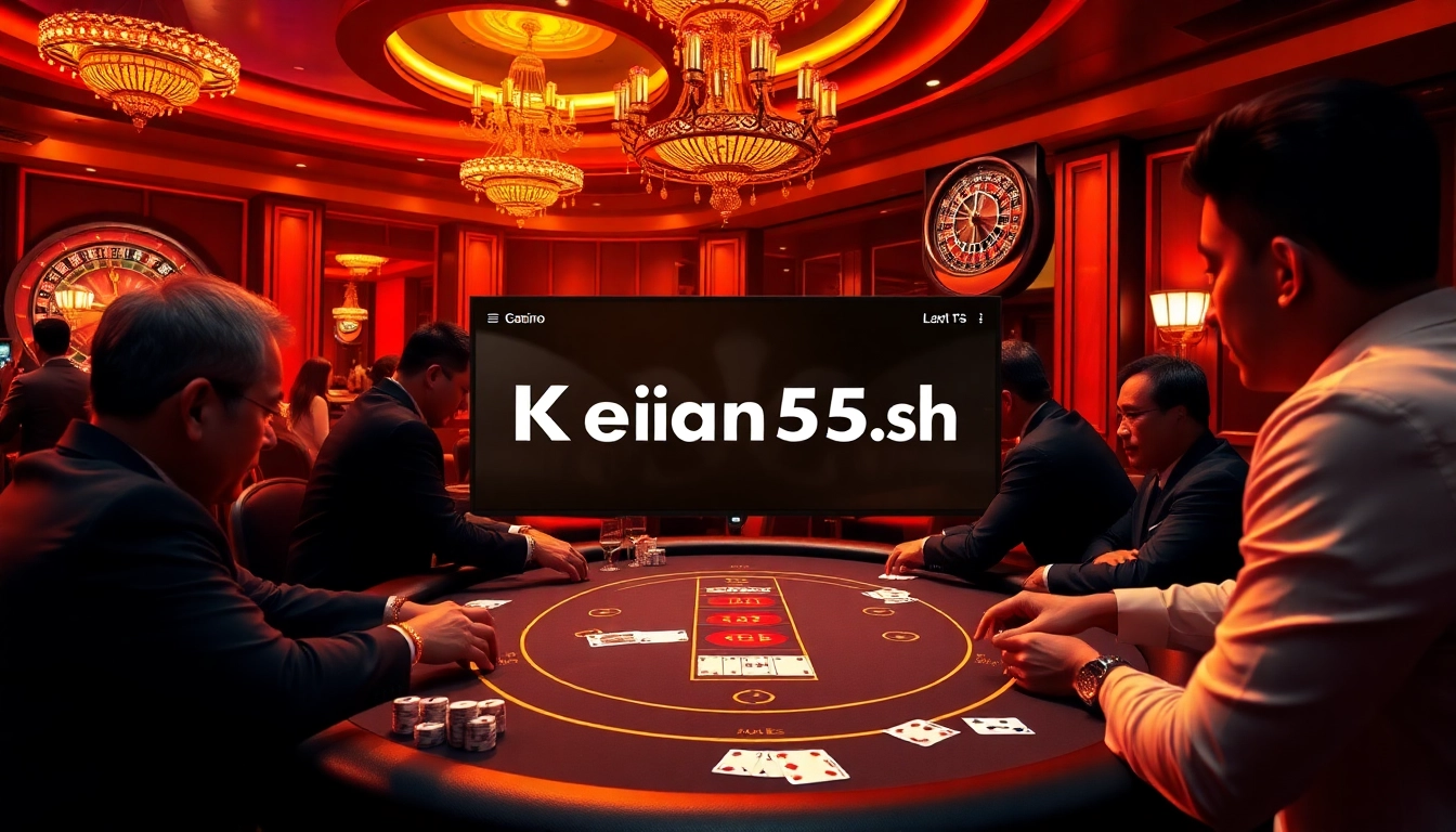 Experience thrill with Keonhacai55.sh at a luxurious poker game featuring vibrant casino elements.