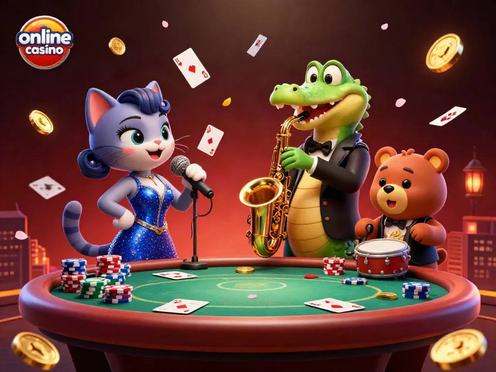 Disfruta de la emoción del online casino con una ilustración vibrante de un gato cantante, un cocodrilo saxofonista y un oso baterista en una mesa de póker.