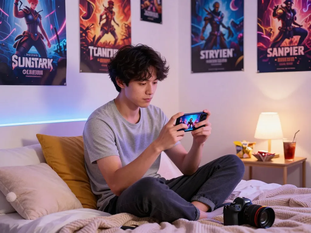 Engaging player enjoying a mobile porn game in a cozy bedroom with colorful decor