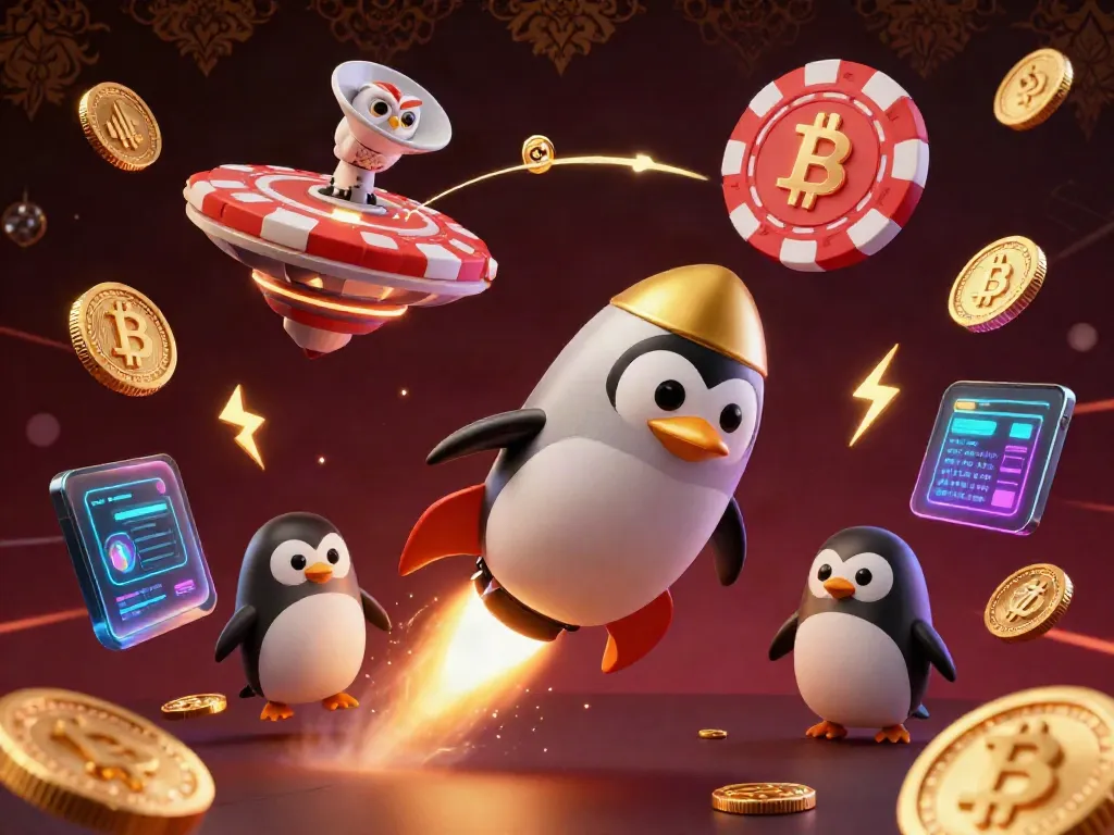 Experience thrilling adventures with LLWIN, visualizing a golden penguin navigating a dynamic casino space.