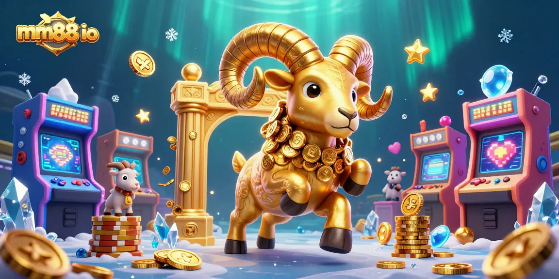 A powerful 3D cartoon ram charges towards the golden gate, showcasing the thrilling mm88 io casino experience.