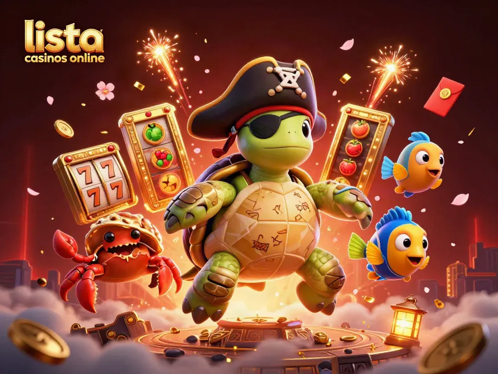 Disfruta de la lista casinos online con una vibrante ilustración de una tortuga pirata y símbolos de tragamonedas.