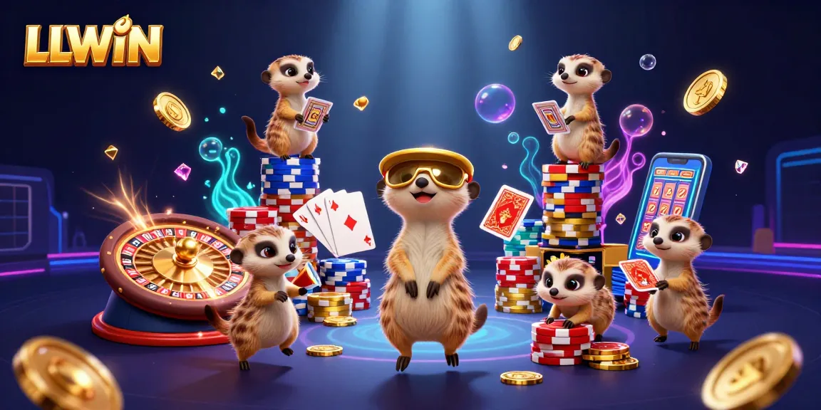Experience the thrill of LLWIN with meerkats in a vibrant 3D casino, showcasing excitement and fun.
