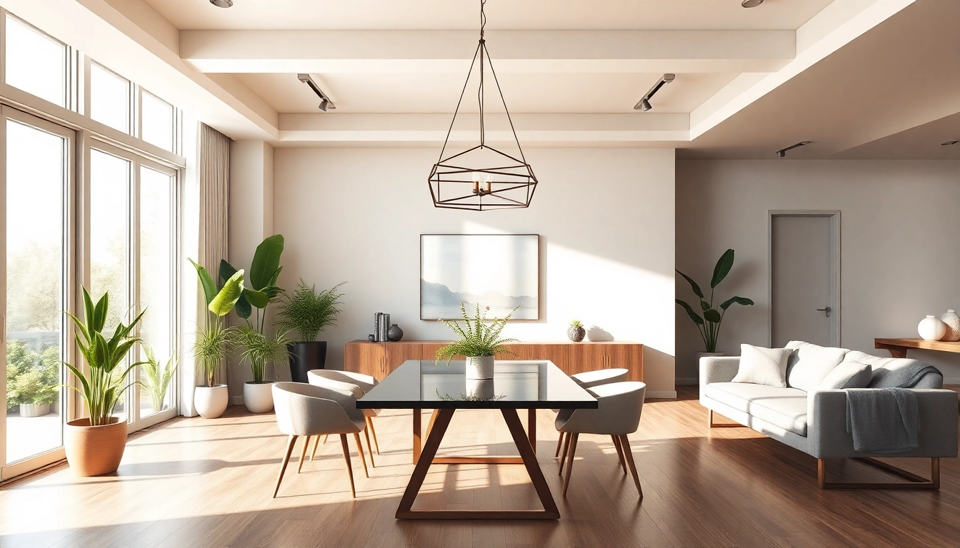 Shop ModernLighting with sleek chandelier illuminating a stylish living room.