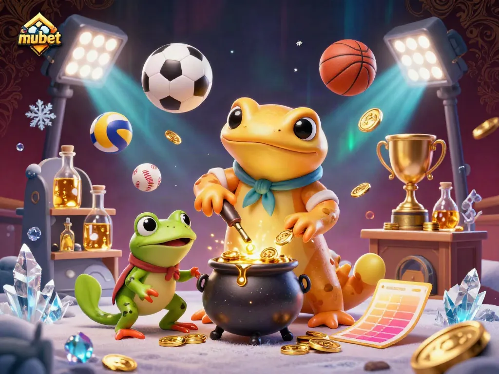 Experience the excitement at mubet with an enchanting 3D scene depicting a golden salamander alchemist surrounded by golden coins and sports elements.