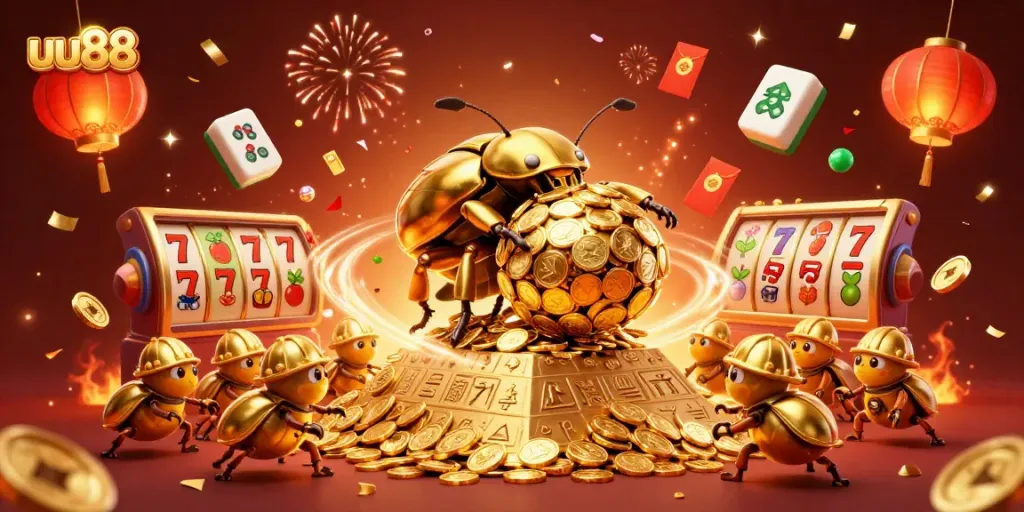 Experience the thrilling gameplay at uu88 with lucky symbols and gold coins in a vibrant 3D casino scene.